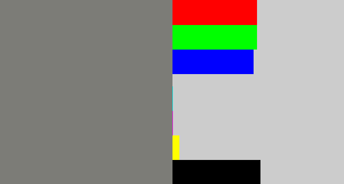 Hex color #7c7c77 - medium grey