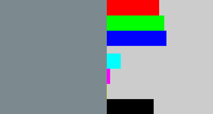 Hex color #7c8a8f - bluish grey