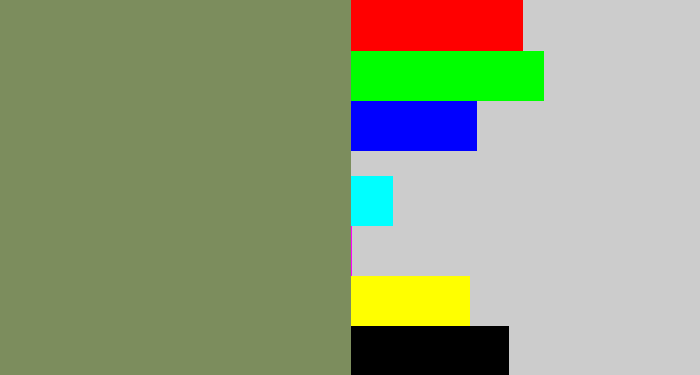 Hex color #7c8d5d - moss