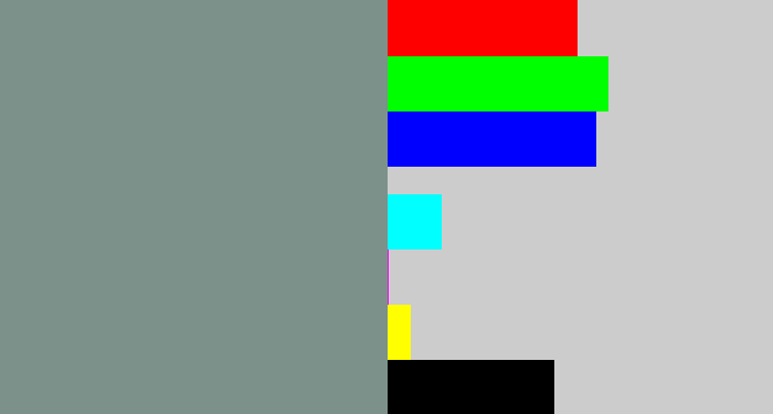Hex color #7c9189 - bluish grey