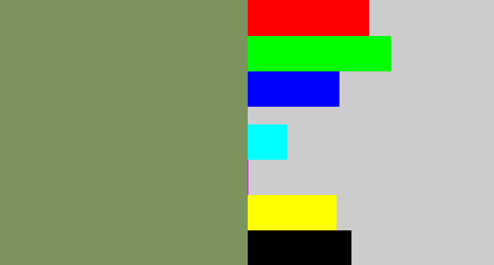 Hex color #7c935e - moss
