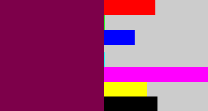Hex color #7d004a - red purple