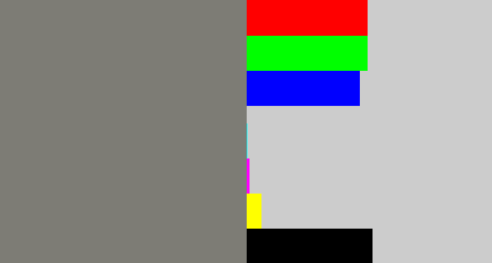 Hex color #7d7c75 - medium grey