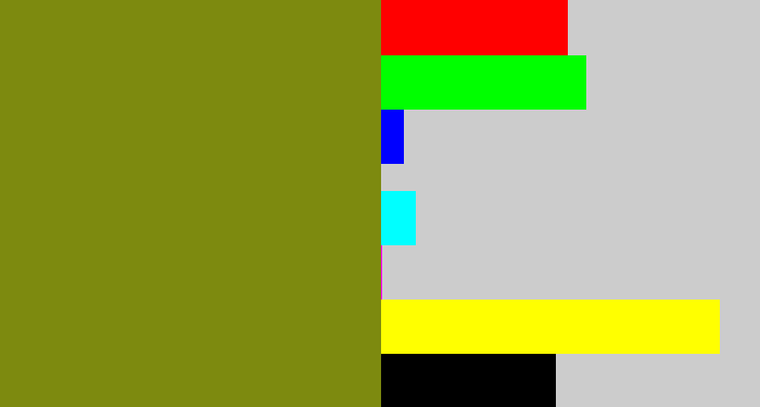 Hex color #7d8a0f - dark yellow green