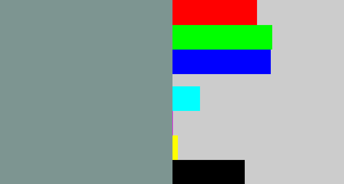 Hex color #7d9591 - bluish grey
