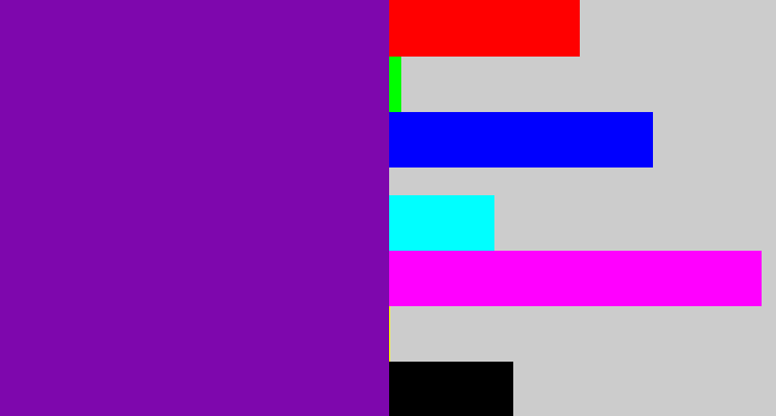 Hex color #7e07ad - purple