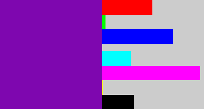 Hex color #7e07af - purple