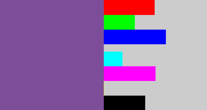Hex color #7e4d9a - muted purple