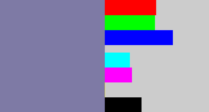 Hex color #7e7aa5 - blue/grey