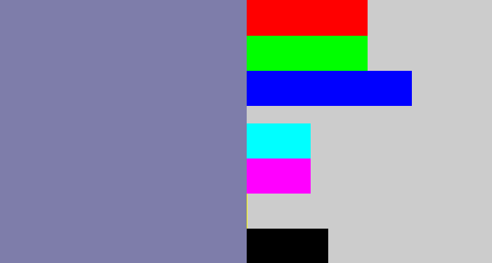 Hex color #7e7daa - blue/grey