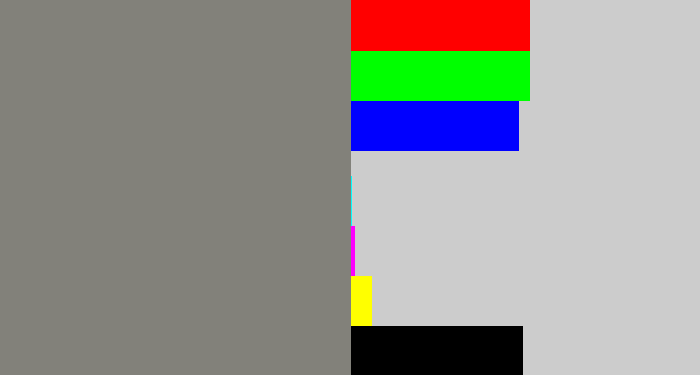 Hex color #82817a - medium grey