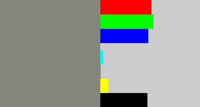 Hex color #82867b - medium grey