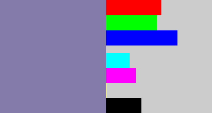 Hex color #847baa - blue/grey