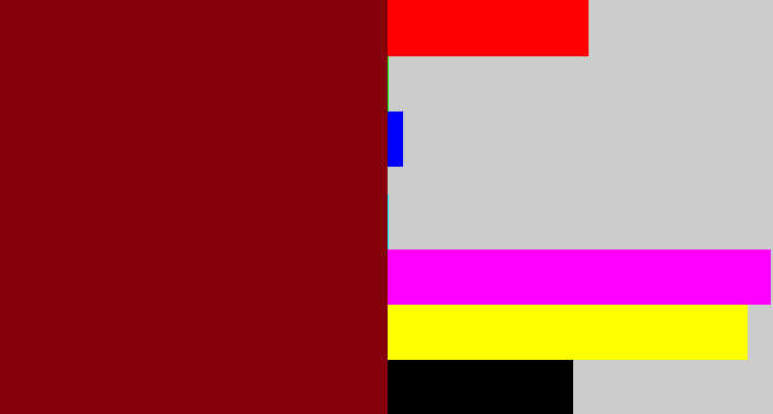 Hex color #850109 - dark red