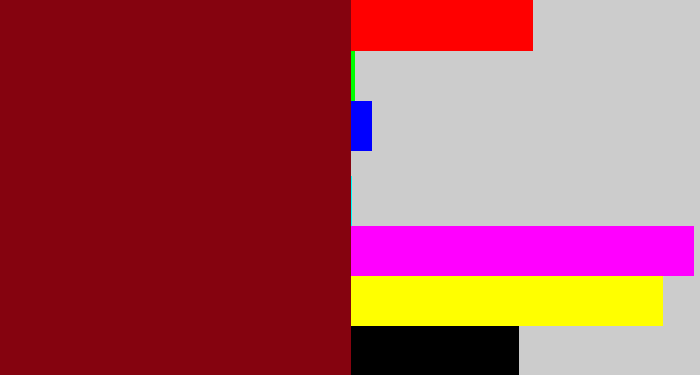 Hex color #85030f - crimson
