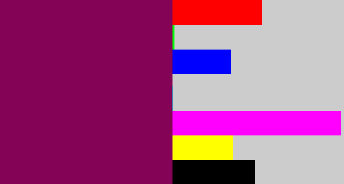Hex color #850356 - reddish purple