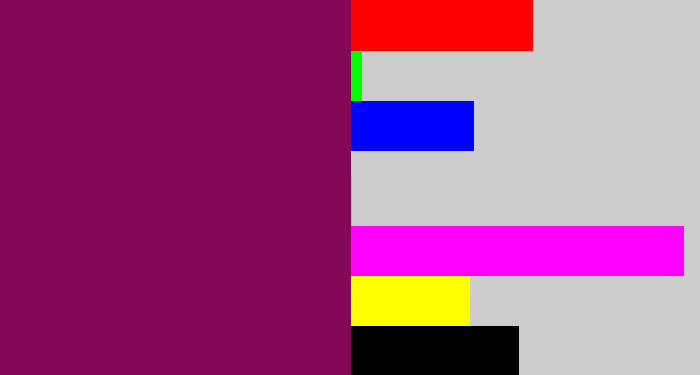 Hex color #850758 - reddish purple