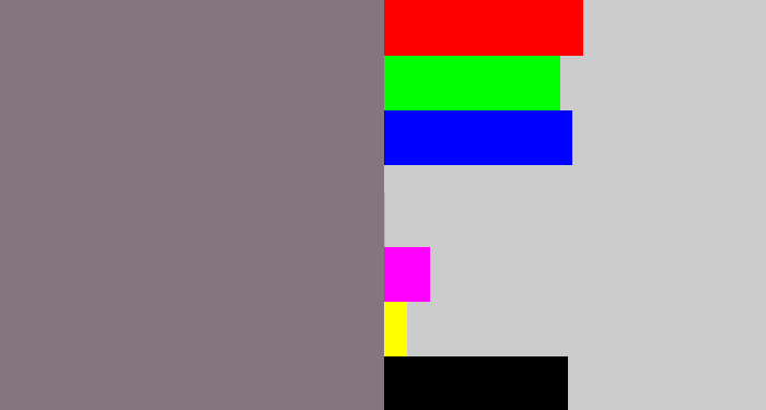 Hex color #85757d - purple grey