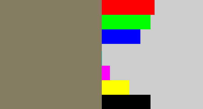 Hex color #857b61 - brownish grey