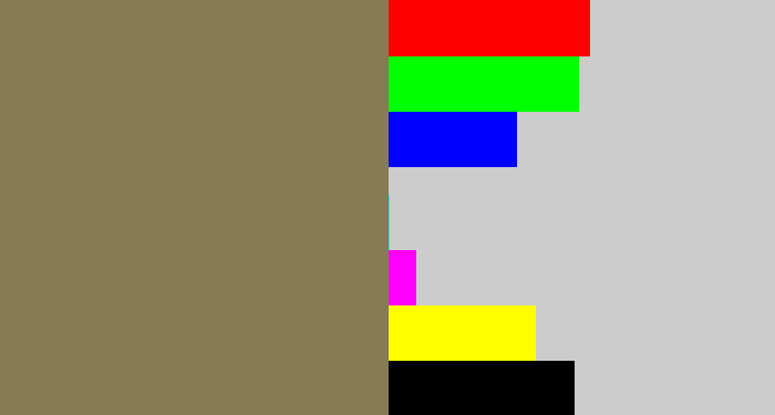 Hex color #857c53 - brownish grey