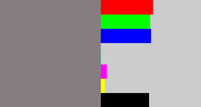 Hex color #857d80 - medium grey