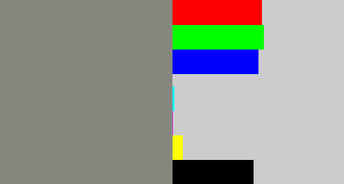 Hex color #85877f - medium grey