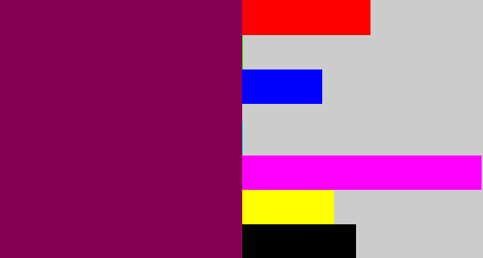 Hex color #860153 - reddish purple
