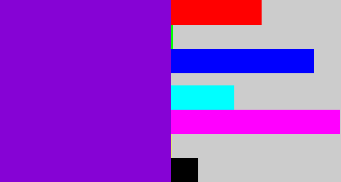 Hex color #8603d5 - violet