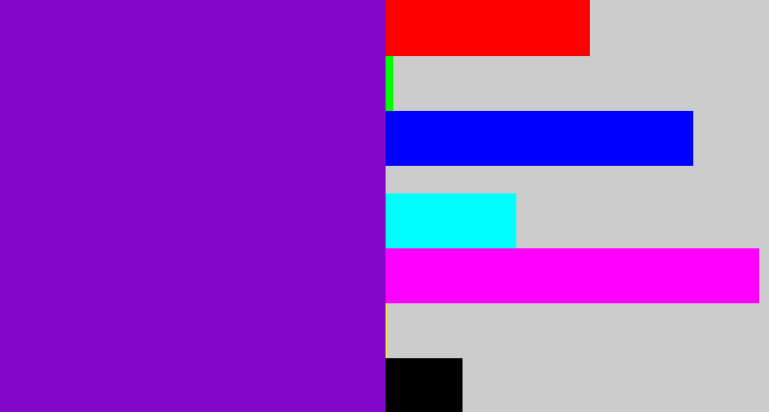 Hex color #8606cc - violet