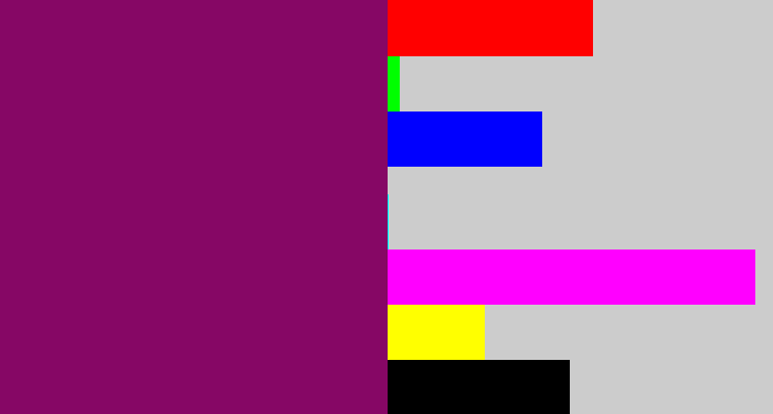 Hex color #860765 - reddish purple