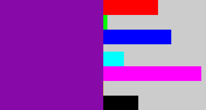 Hex color #8609a8 - purple