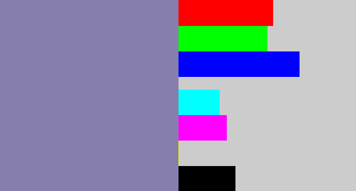 Hex color #867fad - blue/grey