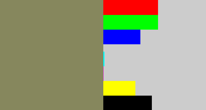 Hex color #86875d - brown grey