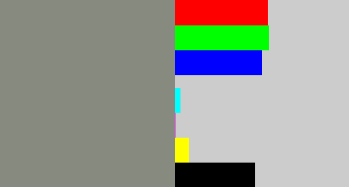 Hex color #868a7f - medium grey