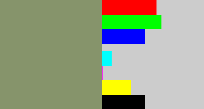Hex color #86946b - green grey