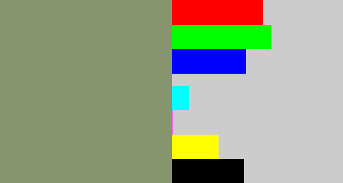 Hex color #86956d - green grey