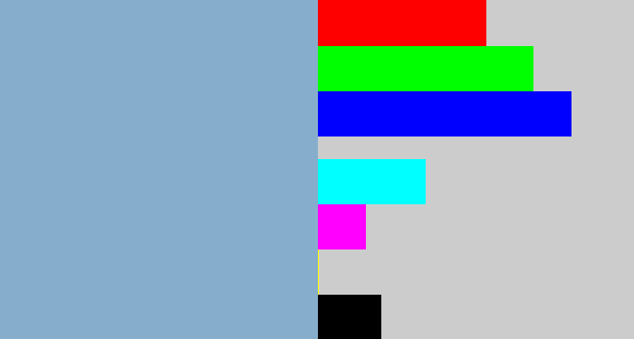 Hex color #86aecc - light grey blue
