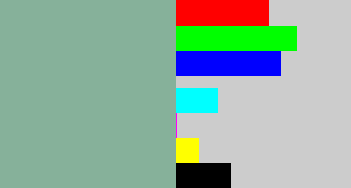 Hex color #86b19a - greenish grey