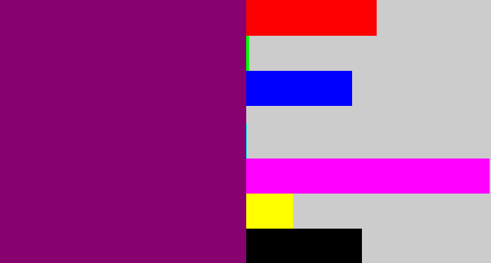 Hex color #87026e - red violet