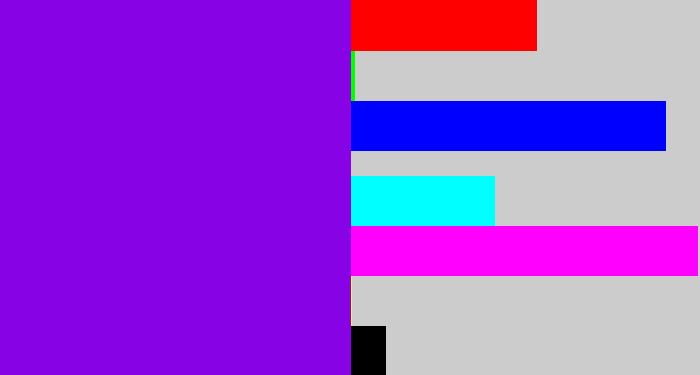 Hex color #8703e5 - violet