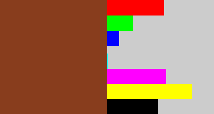 Hex color #883d1d - red brown