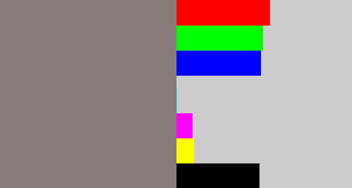 Hex color #887c7b - medium grey