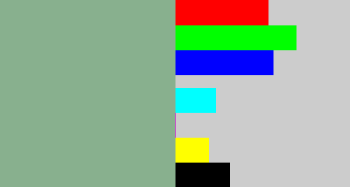 Hex color #88b08e - greenish grey