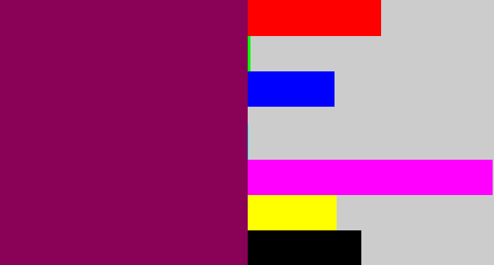 Hex color #8a0258 - reddish purple