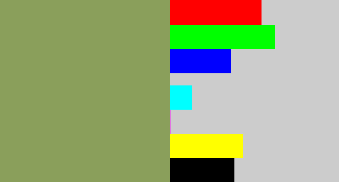 Hex color #8a9f5b - moss