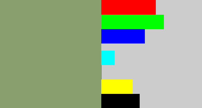 Hex color #8a9f6e - grey/green