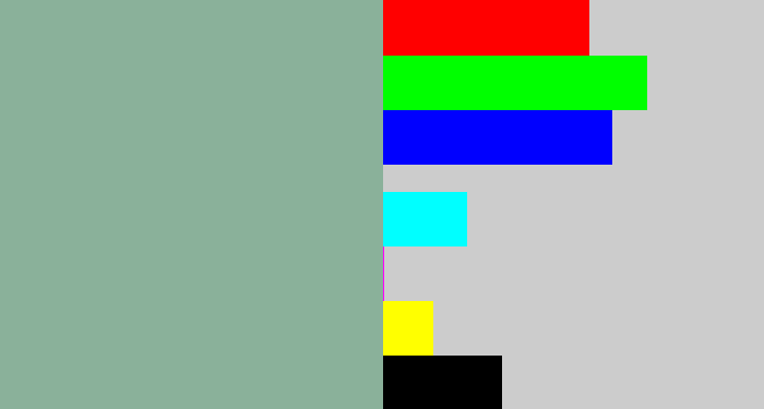 Hex color #8ab19a - greenish grey