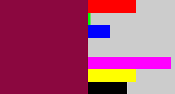 Hex color #8b073f - red purple