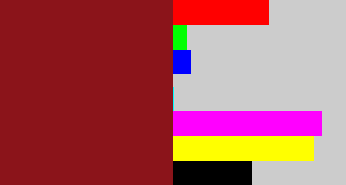 Hex color #8b141a - crimson