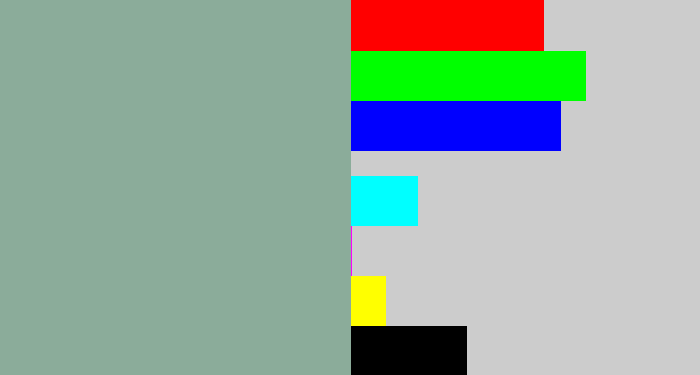 Hex color #8bac9a - greenish grey